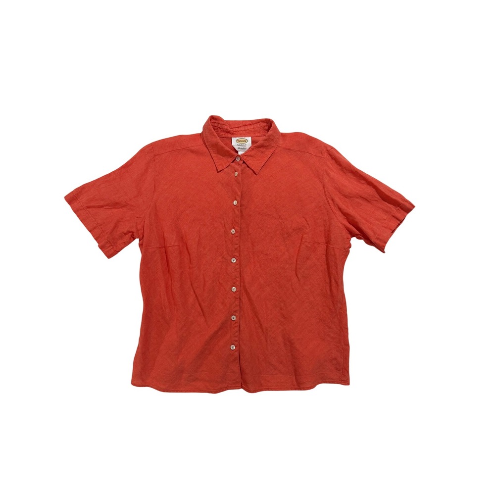 Talbots Woman Irish Linen Coral Button Front Blouse 14W Short Sleeve